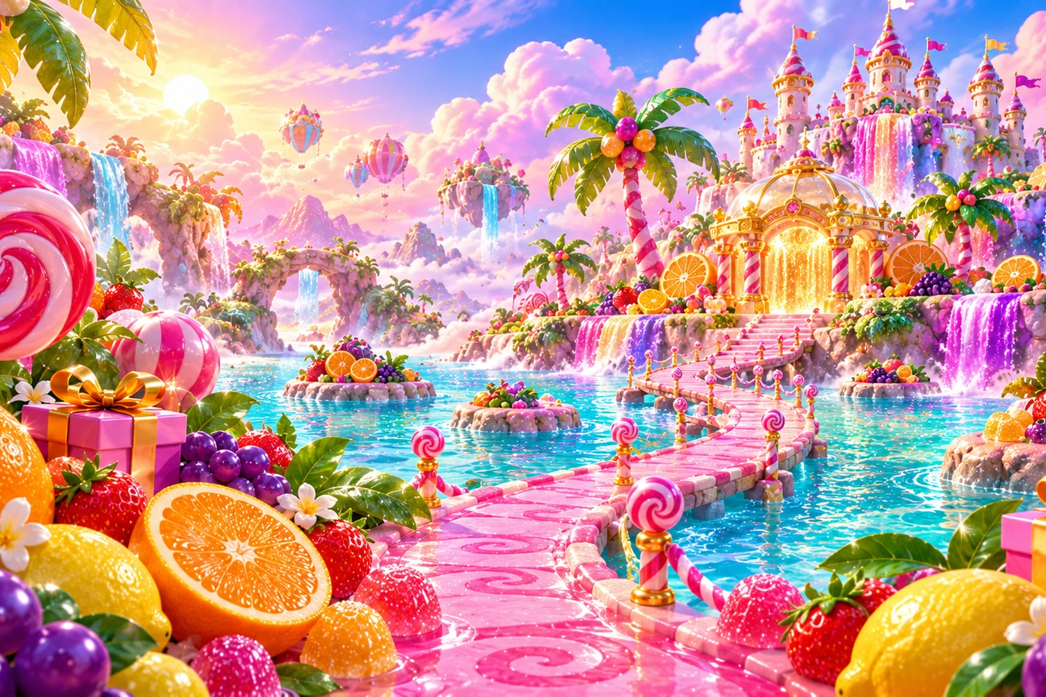 An illustrated candy kingdom filled with glossy sweets and juicy fruit