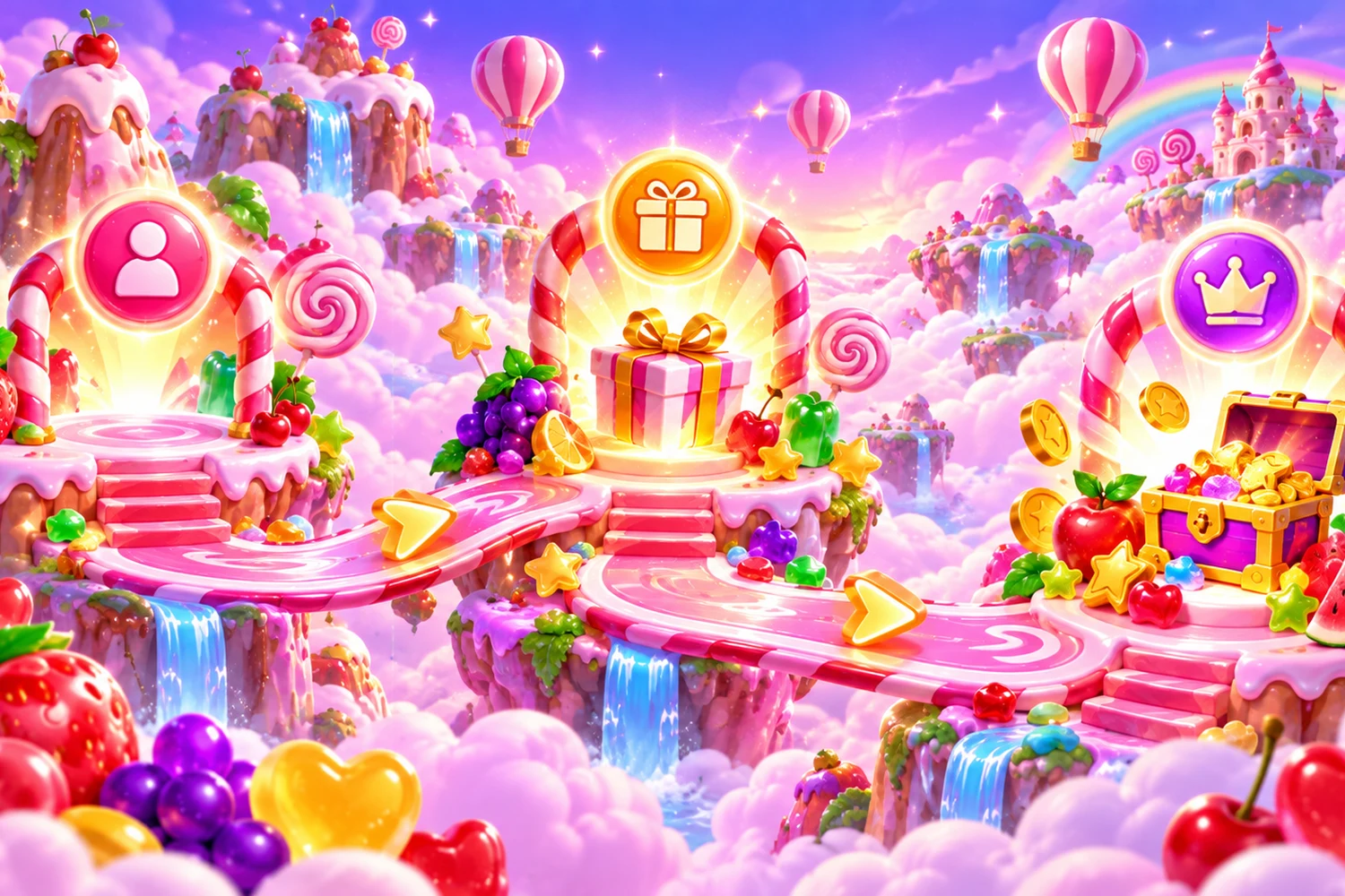 A bright confectionery landscape with fruit, gifts and sugar colours