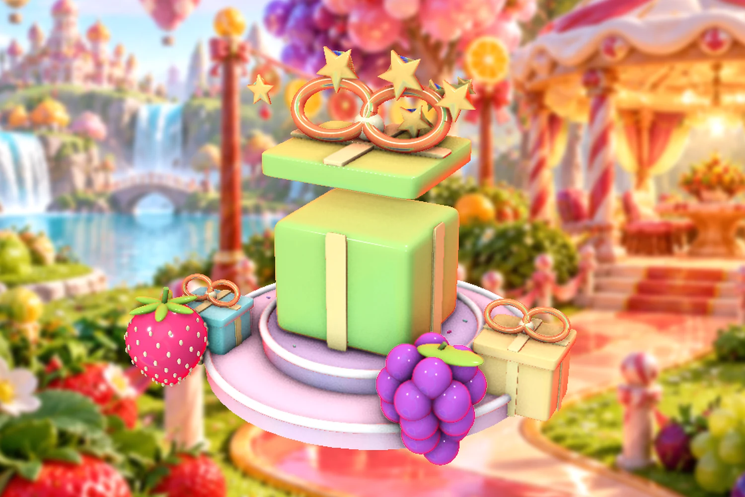A dimensional candy celebration with wrapped presents and stars