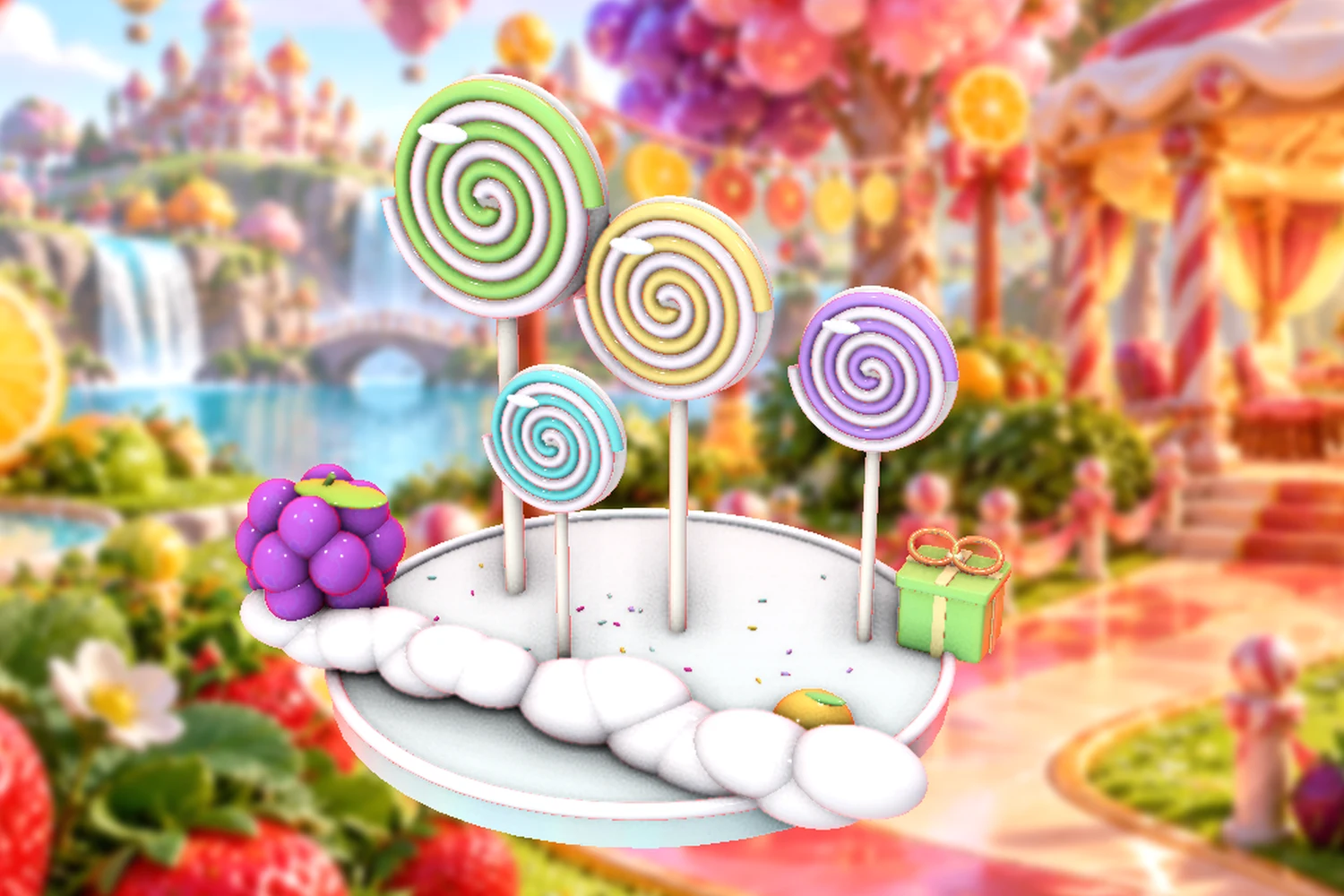 Glossy spiral lollipops, soft clouds and fruit sweets