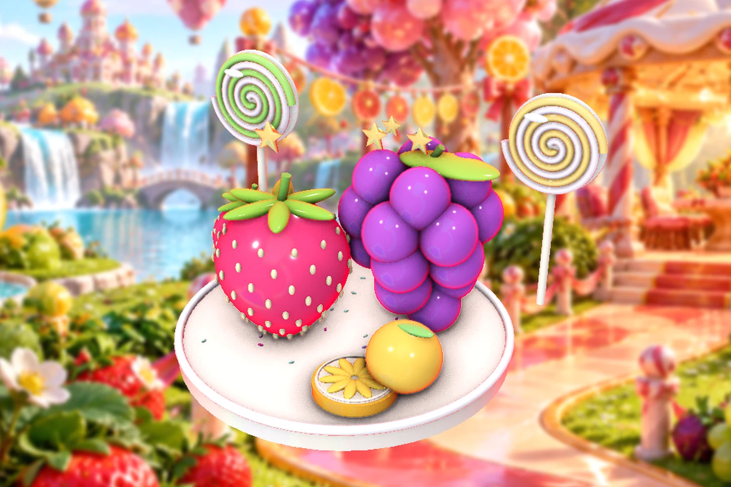 A colourful arrangement of berry sweets and shiny fruit