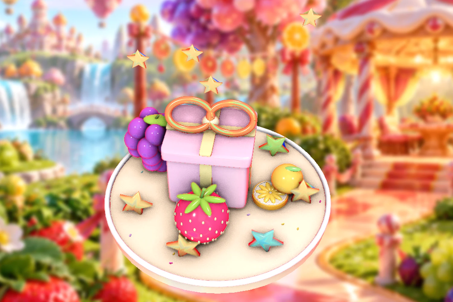 Fruit, bonbons and golden stars around a celebration display